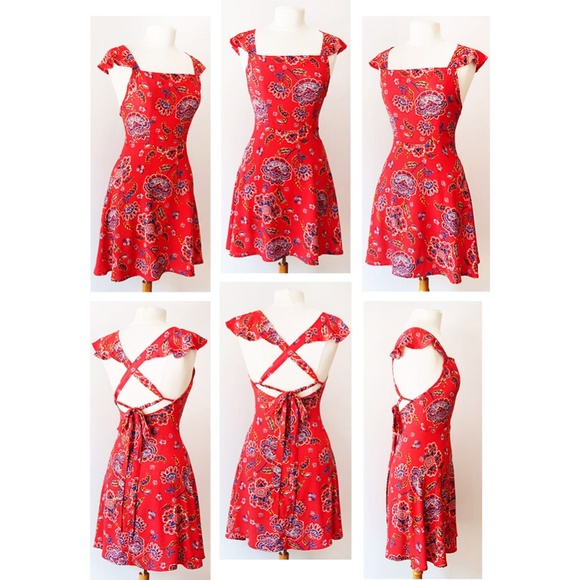 ✨Restock✨ Red Lace Up Open Back Square Neck Dress - Picture 7 of 8